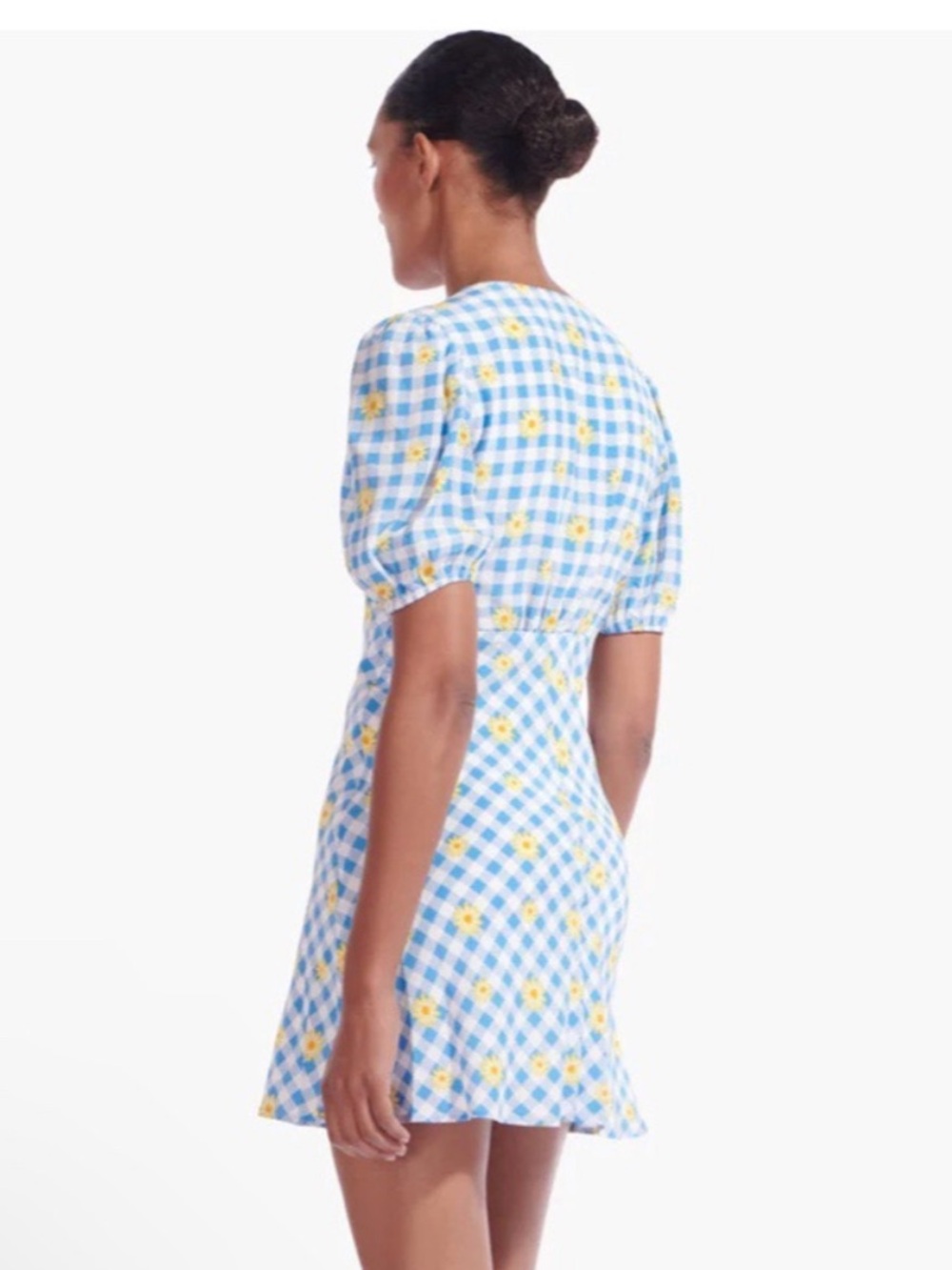 STAUD Milla Print Mini Dress Blue Gingham Daisy Plaid Puff Sleeve (sz 4) - Picture 3 of 6